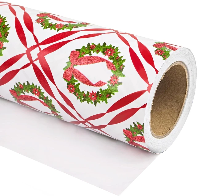 Main image of Dlyrroba Christmas Wrapping Paper Roll - Xmas Design with Metallic Holiday Gift Wrap for Kids Winter Party Celebrations (Red Glitter Bow Christmas, 17 In X 16.5 Ft)