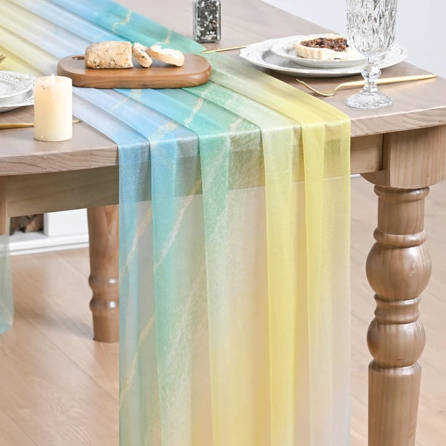 Main image of Artoid Mode Boho Gradient Yellow Blue Stripes Spring Chiffon Table Runner 120 Inches 10FT,Seasonal Fabric Kitchen Dining Holiday Table Decor for Home Party