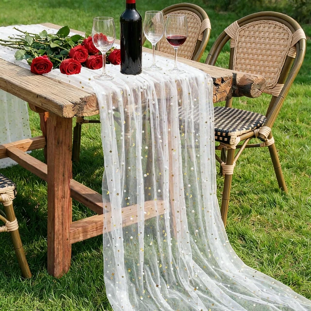 Main image of PartyPosh Gold Star Moon Sequin Pearl Tulle Table Runner, 30x118in