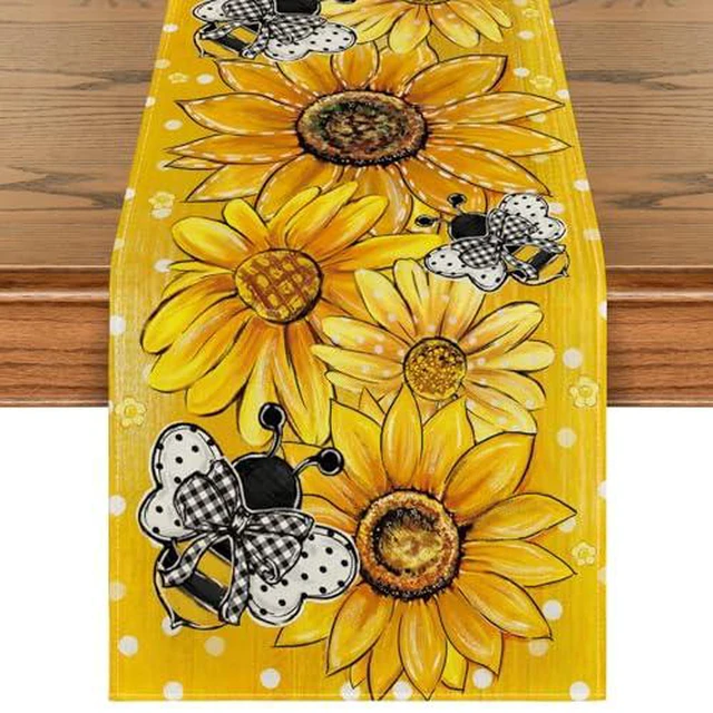 Alt view image 2 of 4 - Artoid Mode Yellow Sunflower Bee Flower Polka Dot Summer Table Runner, Seasonal Kitchen Dining Table Decoration for Indoor Party Home 13x72 Inch