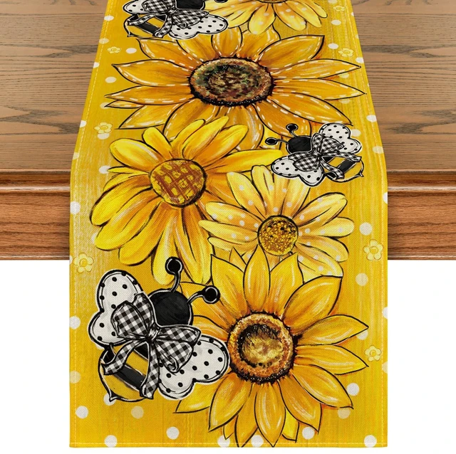 Main image of Artoid Mode Yellow Sunflower Bee Flower Polka Dot Summer Table Runner, Seasonal Kitchen Dining Table Decoration for Indoor Party Home 13x72 Inch