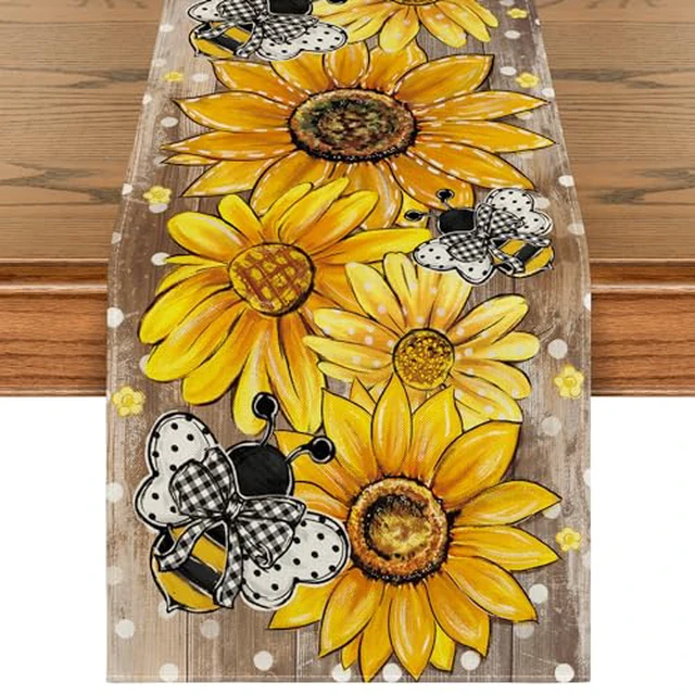 Alt view image 4 of 4 - Artoid Mode Yellow Sunflower Bee Flower Polka Dot Summer Table Runner, Seasonal Kitchen Dining Table Decoration for Indoor Party Home 13x72 Inch