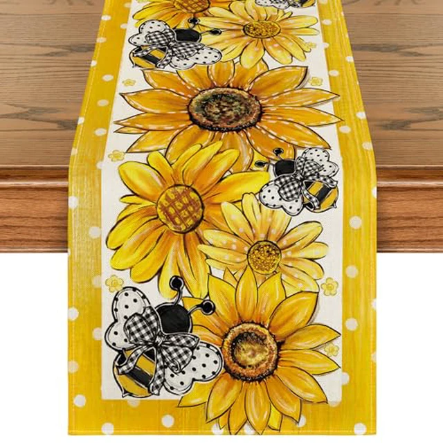 Alt view image 3 of 4 - Artoid Mode Yellow Sunflower Bee Flower Polka Dot Summer Table Runner, Seasonal Kitchen Dining Table Decoration for Indoor Party Home 13x72 Inch