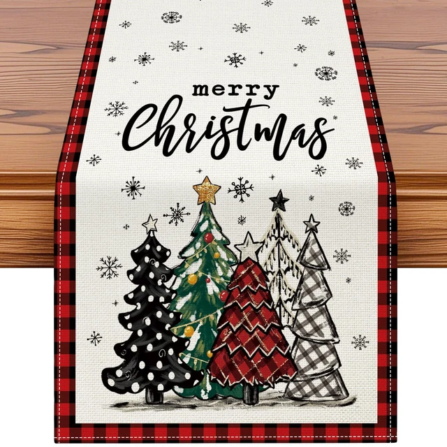 Main image of OTOSTAR Merry Christmas Table Runner 13x72 Inch, Red and Black Buffalo Plaid Xmas Tree Snowflake Winter Holiday Farmhouse Kitchen Dining Table Decoration for Home Party