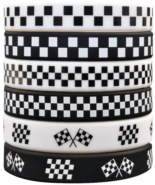 Main image of KZL Racing Car Party Silicone Wristbands Black White Checkered Cross Finish Flag Pattern Rubber Bracelets for Motorsport Race Fans Unisex Adult