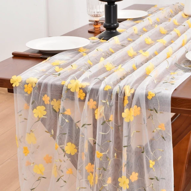 Main image of Yellow Wildflower Table Runner Gauze Floral Birthday Party Home Table Decor | 10ft Embroidery Flower Summer Seasonal Rustic Tulle Table Runner for Wedding Baby Shower Holiday Picnic Decorations