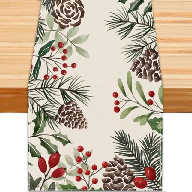 Alt view image 2 of 2 - Christmas Winter Table Runner, Holly Berry Pine Cone Needle Branch Table Runners Xmas Seasonal Holiday Table Decorations for Farmhouse Kitchen Dinning Home Party Decor 13x72in