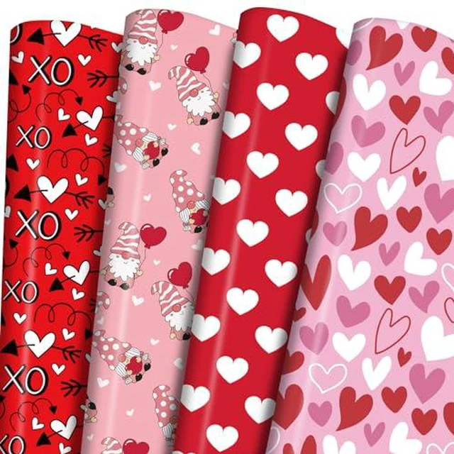 Alt view image 2 of 7 - PlandRichW Valentine's Day Wrapping Paper - 12 Sheets, 4 Unique Romantic Designs (Love Gnome, XO Hearts), Pre-Folded 20"x 29" for Gifts, Valentine's Day, Wedding, Birthday & DIY Cr