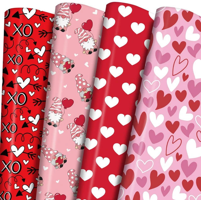 Main image of PlandRichW Valentine's Day Wrapping Paper - 12 Sheets, 4 Unique Romantic Designs (Love Gnome, XO Hearts), Pre-Folded 20"x 29" for Gifts, Valentine's Day, Wedding, Birthday & DIY Cr