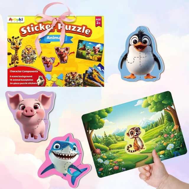 Main image of Animal Puzzles with Scenes, 18 PCS EVA Puzzles with Sitckers (24 Piece Levels) Montessori Toys Craft Kit for Fine Motor Skills & Early Learning, First Sticker Puzzle for 4 5 6 7
