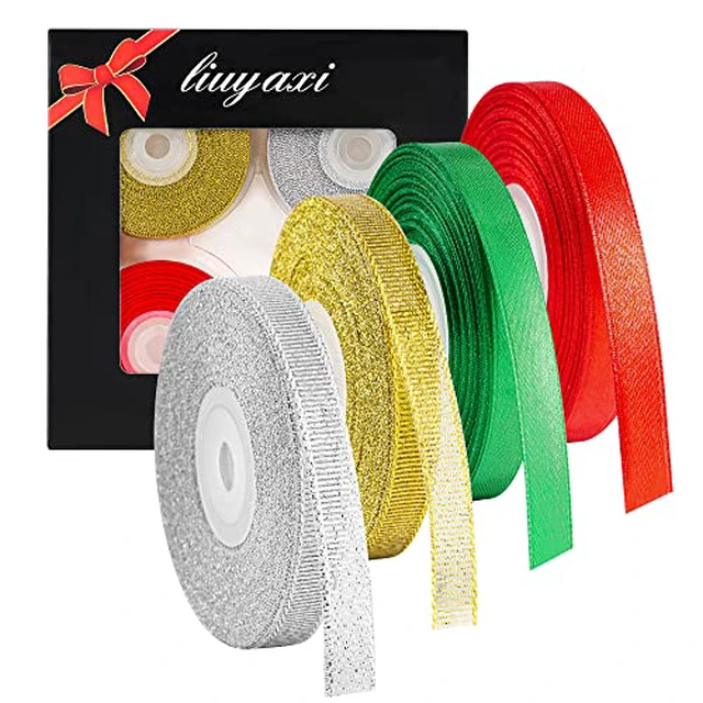 Alt view image 2 of 5 - LIUYAXI 4 Rolls 3/8" Christmas Ribbon - Glitter Metallic Ribbon & Satin Ribbons Set, Total 100 Yards Xmas Holiday Festival for Gift Wrapping, Crafts, Festival Ornaments, Wedding Party Decoration