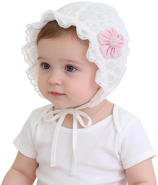 Main image of Baby Girl Christening Bonnet with Chin Strap Lace Infant Sun Hat for 0-12 M
