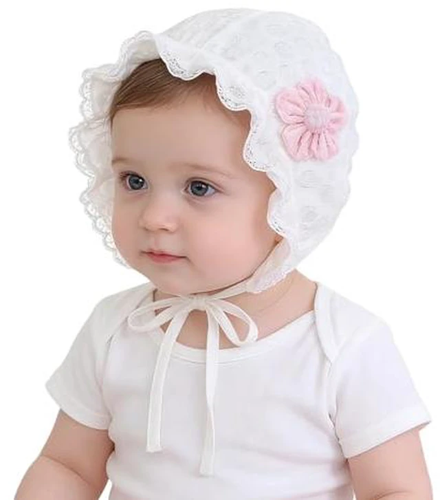 Alt view image 2 of 2 - Baby Girl Christening Bonnet with Chin Strap Lace Infant Sun Hat for 0-12 M