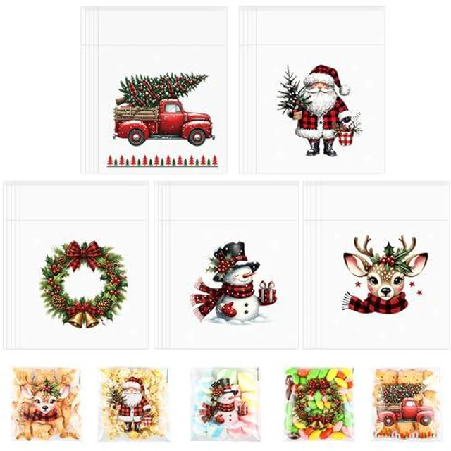 Alt view image 2 of 6 - Self-Sealing Christmas Cellophane Cookie Bags - 4x4 Inch 100 PCS Plastic Self-Adhesive Xmas Santa Goodie Candy Treat Gifts Bags Bulk Pouches for Holiday Winter Party Favors Gift Wrapping, 5 Style
