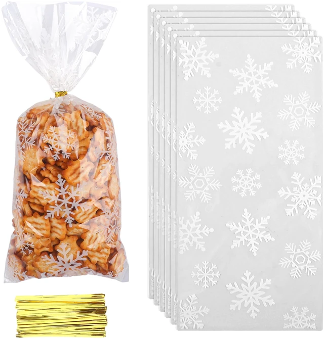 Main image of Christmas Cellophane Treat Bags, Christmas Candy bags, 50 Pcs Clear Snowflake Cellophane Gift bag with Ties, Cello Plastic Goodie Snack Cookie Bag for Xmas Winter Holiday Goody Party Favors Supplies