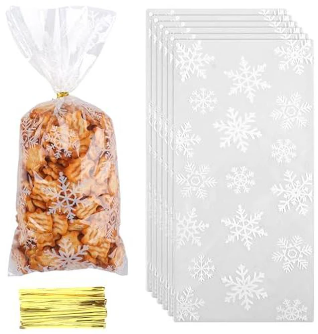 Alt view image 2 of 4 - Christmas Cellophane Treat Bags, Christmas Candy bags, 50 Pcs Clear Snowflake Cellophane Gift bag with Ties, Cello Plastic Goodie Snack Cookie Bag for Xmas Winter Holiday Goody Party Favors Supplies