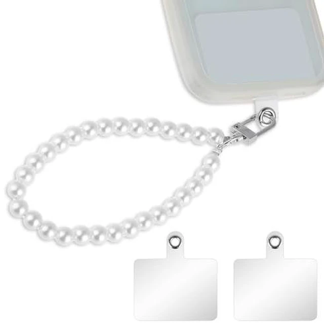 Alt view image 2 of 2 - Phone Wrist Lanyard, Pearl Phone Charm Lanyard White Hand Wristlet Strap Pearl Beaded Phone Charm String Cellphone Wrist Strap Lanyard with 2 Back Patch for Women Girls Mobile Phone Wallet Camera