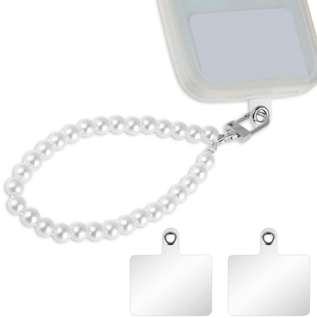 Main image of Phone Wrist Lanyard, Pearl Phone Charm Lanyard White Hand Wristlet Strap Pearl Beaded Phone Charm String Cellphone Wrist Strap Lanyard with 2 Back Patch for Women Girls Mobile Phone Wallet Camera