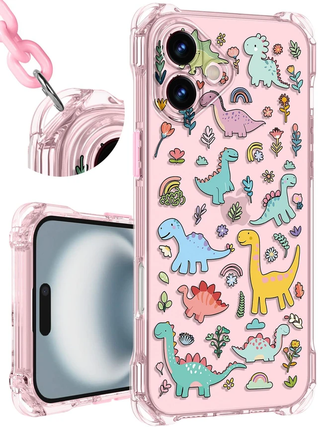 Main image of Toycamp for iPhone 16 Case with Strap for Women - Cute Funny Girls Girly Fashion Dinosaur Design Case with Wrist Lanyards Four Corners Flexible Hang Style