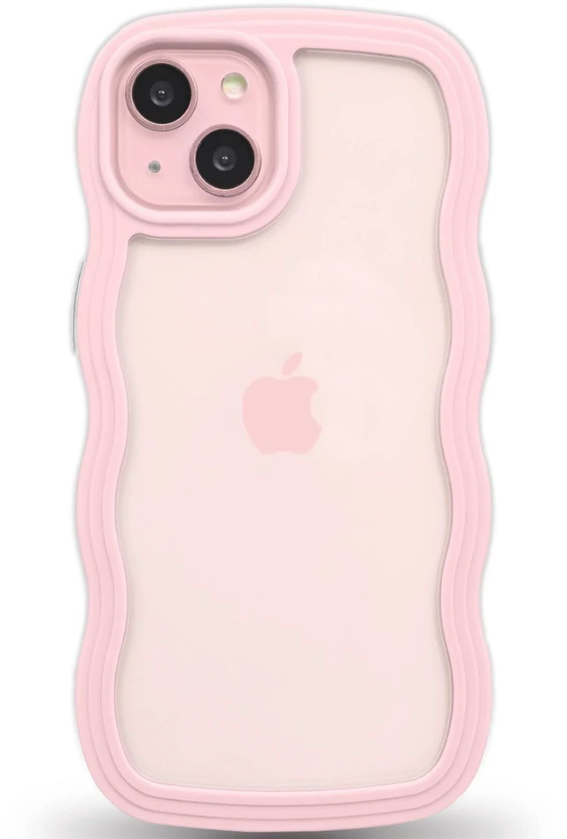 Main image of Anuck for iPhone 15 Case Wavy Edge Clear Back Design, Anti-Slip Grip Cute Wave Curly Frame Shape Shockproof Soft TPU & Hard Bumper Protective Phone Case Cover for Women Girls, Pink