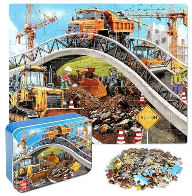 Alt view image 2 of 6 - LELEMON Puzzles for Kids Ages 4-6,Construction Site 100 Piece Puzzles for Kids Ages 4-8 in a Metal Box,Educational Jigsaw Puzzles 100 Piece Puzzle Games Puzzle Toys for Girls and Boys