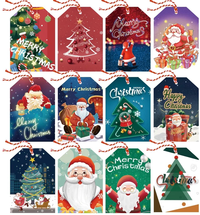 Main image of GZCQLKOR 120 Pcs Christmas Gift Tags, Christmas Hanging Tag Label for Christmas DIY Decorations Present Wrapping, with 20m / 66ft Christmas Ribbons, Gift Decoration, 12 Styles