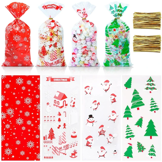 Main image of 120 PCS Christmas Cellophane Treat Bags, Cookies Candy Goody Bags with Twist Ties for Gifts, Party Supplies