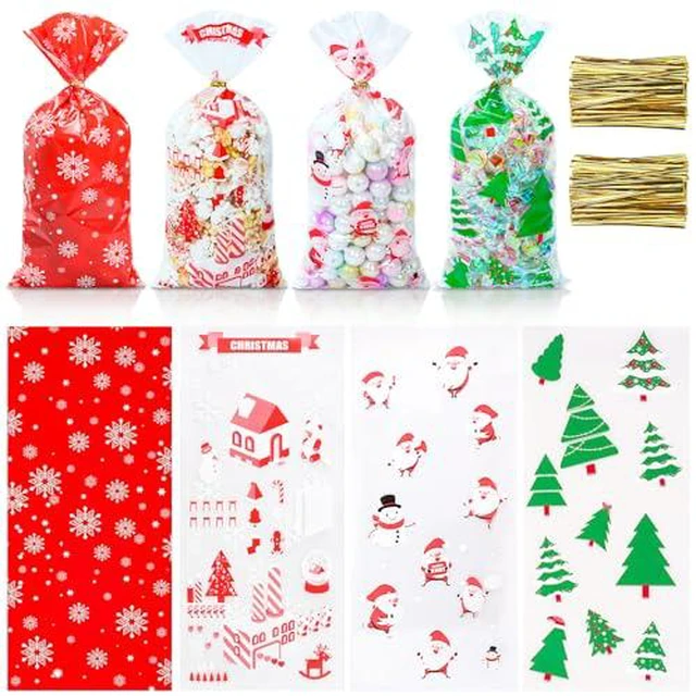 Alt view image 2 of 2 - 120 PCS Christmas Cellophane Treat Bags, Cookies Candy Goody Bags with Twist Ties for Gifts, Party Supplies