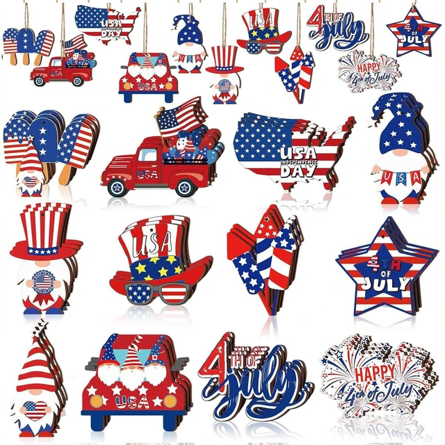 Main image of 12pcs 4th of July Ornaments for Tree with Ropes Patriotic USA Flag Hanging Decorations Independence Day Wooden Hanging Decor Red White Blue Patriotic Christmas Tree for Summer Party Home Supplies