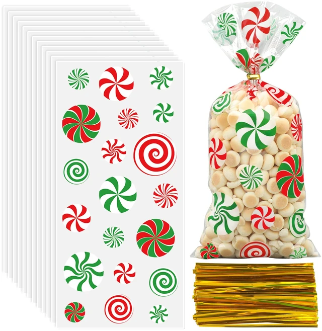 Main image of peony man 120 PCS Christmas Cellophane Treat Bags 5 x 10.6 Inch Red Green Candy Clear Plastic Bag Christmas Candy Cello Goodie Bags with Twist Ties for Xmas Holiday Party Supplies