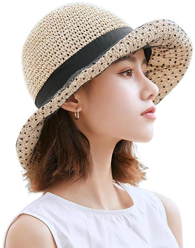 Main image of Women Floppy Cloche Straw Hat Wide Brim Straw Bucket Hat Sun Protection Bowler Cap UPF 50+ Beach Sun Cap