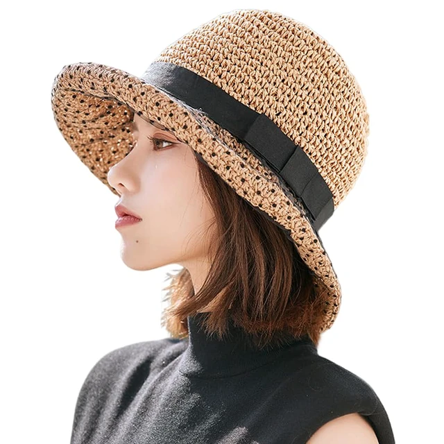 Alt view image 2 of 2 - Women Floppy Cloche Straw Hat Wide Brim Straw Bucket Hat Sun Protection Bowler Cap UPF 50+ Beach Sun Cap