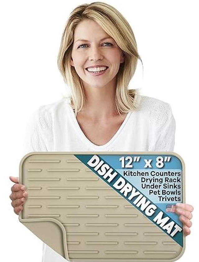Alt view image 2 of 2 - Large Silicone Dish Drying Mat for Kitchen Counter or Under Sink, 16" x 12" Large, Waterproof Pet Feeding Mat, Water Bowls, Under Drying Racks for Dishes, Coffee Bars, Bar Mats (Beige)