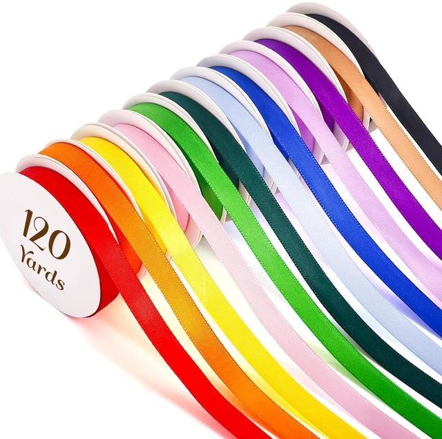 Main image of Rainbow Satin Ribbon 3/8 Inch x 12 Rolls (10 Yds/Roll, 120 Yds Total), Double Face Solid Color Set for Gift Wrapping, Hair Bows, Crafts, Sewing, Wedding, Party & Flower Bouquet Decorations