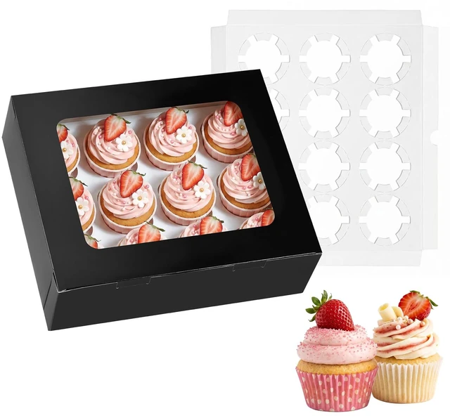Main image of 3PCS Black Cupcake Boxes with Window(12 Count Cupcake Containers)