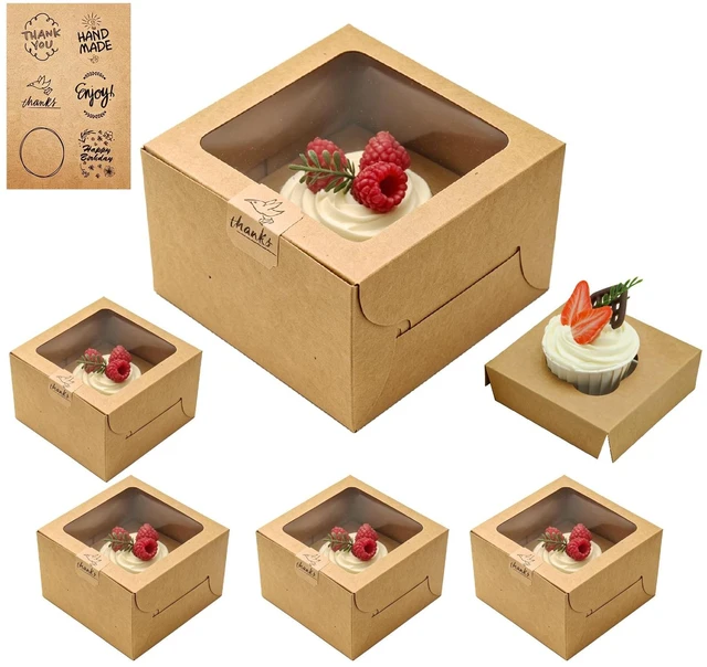 Main image of Single Kraft Cupcake Boxes with Window, 6 Sets 4.5x4.5x3 Inch