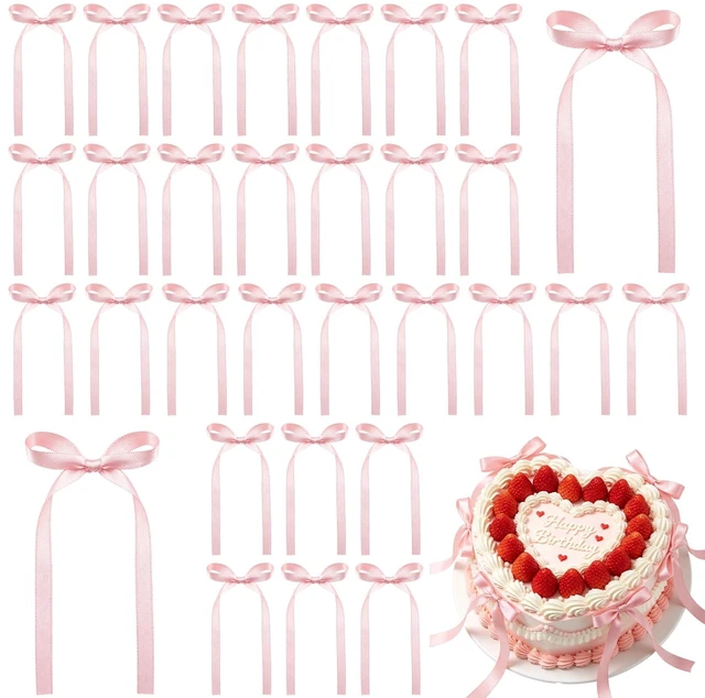 Main image of 20 Pcs Pink Bows for Cake, Pre-Tied Pink Satin Ribbon Bows, Smooth Polyester Cake Decorations for Birthday Wedding Baby Shower