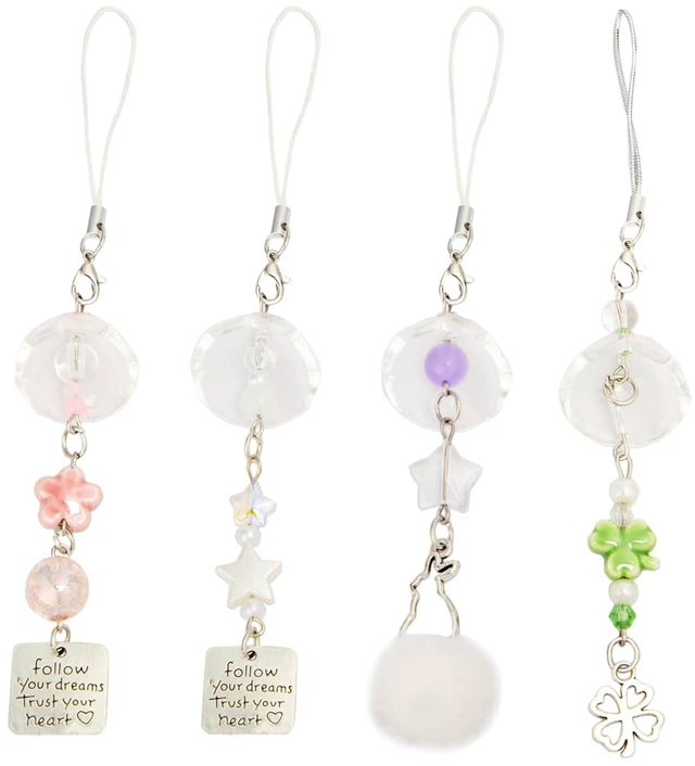 Main image of 4 pcs Y2K Cute Cell Phone Charm Wind Chime with Pink Cherry Blossom White Star Rabbit Bead Clover,Anime Keychain Bag Accessories Decor Strap for Women
