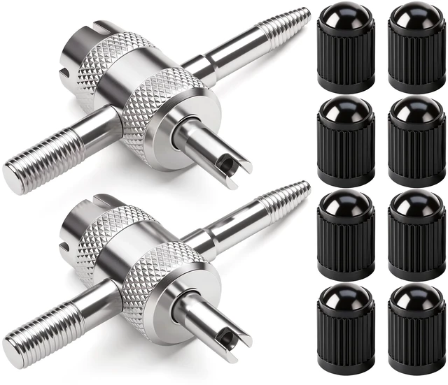 Main image of 4-in-1 Valve Core Tool Kit (2 Pcs) with 8 Pcs Tire Valve Stem Caps - Tire Valve Stem Removal Tool for Bicycle, Motorcycle, Car, Truck - Schrader Valve Core Puller & Installer