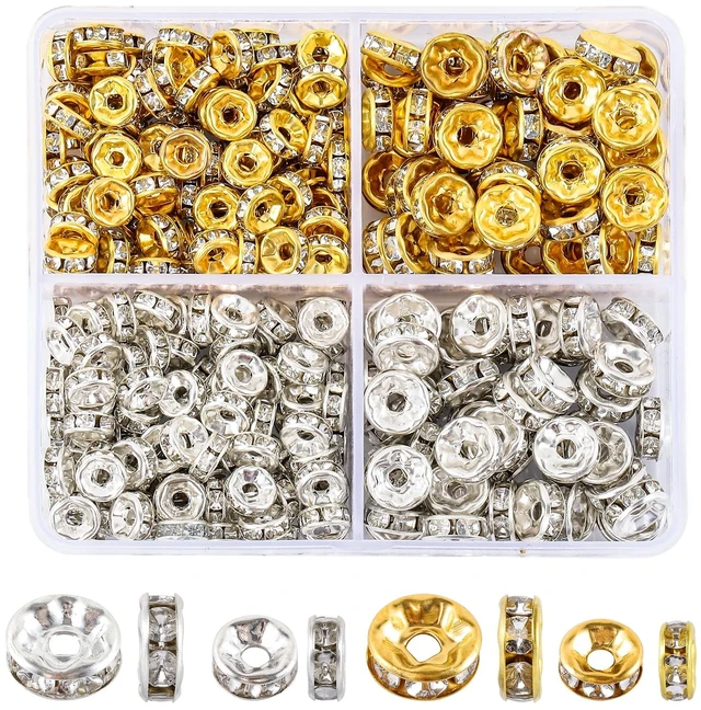 Main image of 345PCS Rondelle Spacer Beads for Jewelry Making, 6mm, 8mm Rhinestone Spacer Beads for Beaded Pens, Silver and Gold Spacers Bead for Necklace Bracelet Earring DIY and Craft Projects