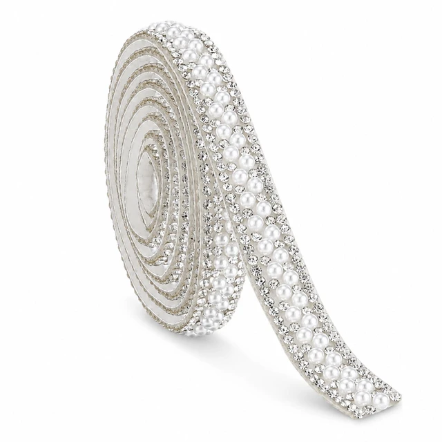 Main image of 1 Yard Pearl Ribbon Trim Rhinestone Ribbon Pearl Adhesive Strips Pearls Trim Self Adhesive 0.4 Inch Bling Diamond Stickers Trims for DIY Crafts Wedding Decoration
