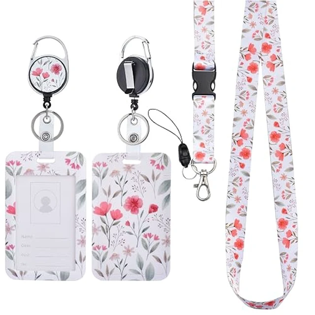 Alt view image 2 of 5 - Will Well ID Badge Holder with Retractable Lanyard, Retractable Badge Reel Nylon Lanyard and Vertical ID Card Holder with 1 Card Slot Key Chain for Men & Women - Floral Design
