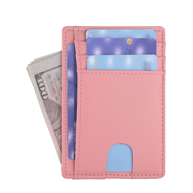 Alt view image 4 of 4 - Slim Minimalist Front Pocket RFID Blocking Leather Wallets for Men Women Medium Size (Cross pattern Pink)