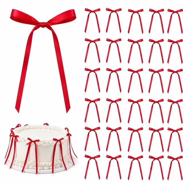 Main image of 30 Pack Bow Cake Toppers, Pre-Tied Satin Ribbon Bows for Cake and Cupcake Decorations, Birthday Wedding Baby Shower Dessert Table Decor Red