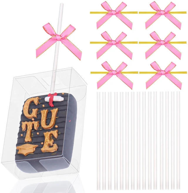 Main image of 30 Set Clear Rice Krispie Treat Boxes with White Stick and Pink Tie, 3.5x2.4x1.38 Inches, Clear Boxes for Cakesickle, Treat, Party Favors