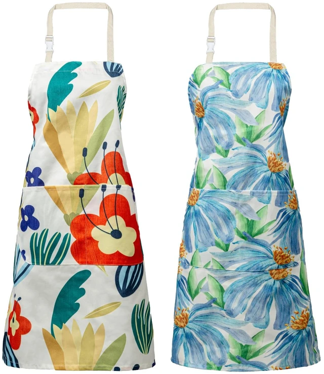 Main image of 2 Pack Floral Apron for Women with Pockets, Water Resistant Adjustable Neck Strap, Apron for Gardening