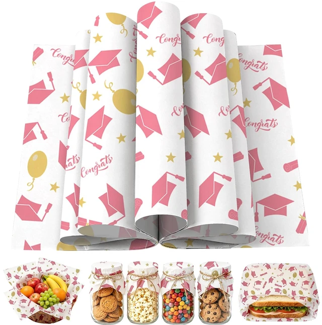 Main image of 150 Sheets Graduation Wax Paper for Food Deli, 9.8 x 8.3'' Graduate Cap Diploma Scroll Ballloons Greaseproof Wrapping Paper for 2026 Graduate Sandwich Picnic Basket Liner Party Supplies (Pink)