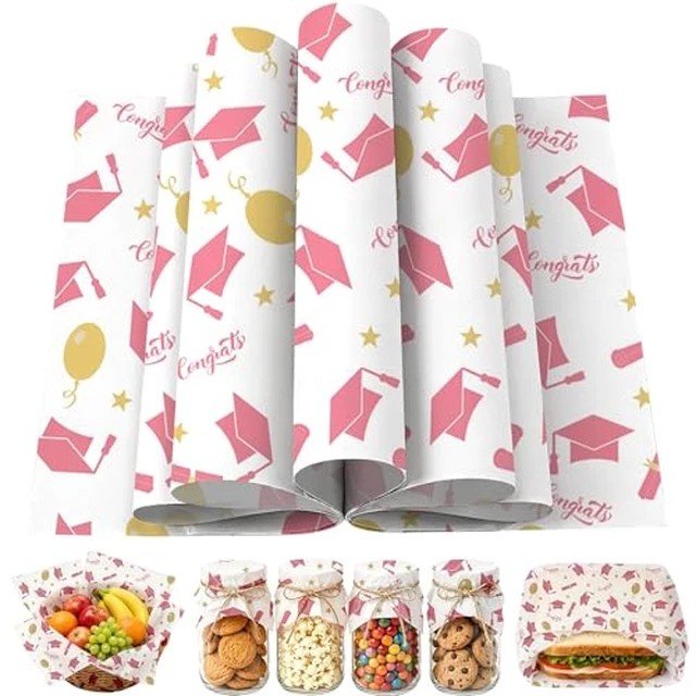 Alt view image 2 of 2 - 150 Sheets Graduation Wax Paper for Food Deli, 9.8 x 8.3'' Graduate Cap Diploma Scroll Ballloons Greaseproof Wrapping Paper for 2026 Graduate Sandwich Picnic Basket Liner Party Supplies (Pink)