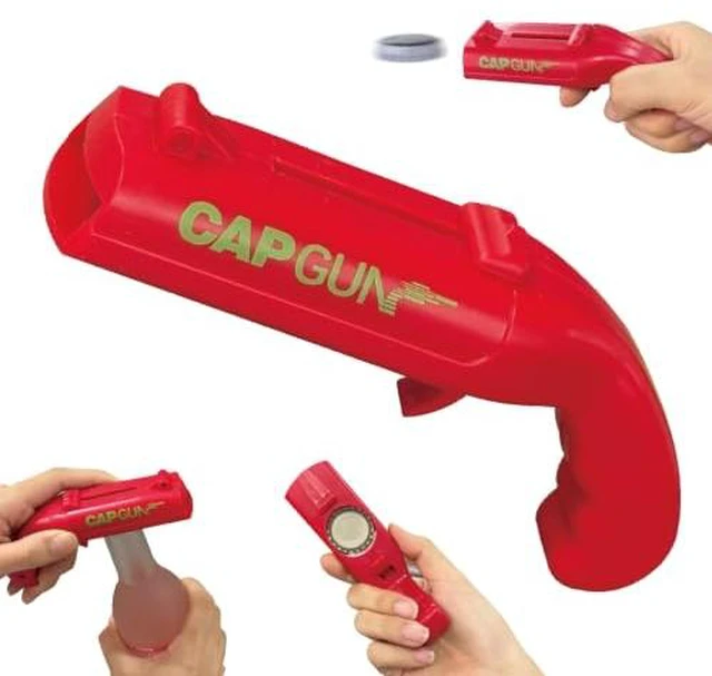 Alt view image 2 of 4 - Cap Shooting Bottle Opener Gun - Launches Caps for World Cup Parties, BBQs & Adult Gatherings, Fun Gadget for Men, Unique Gag Gift for Sports Events (1 pc red)