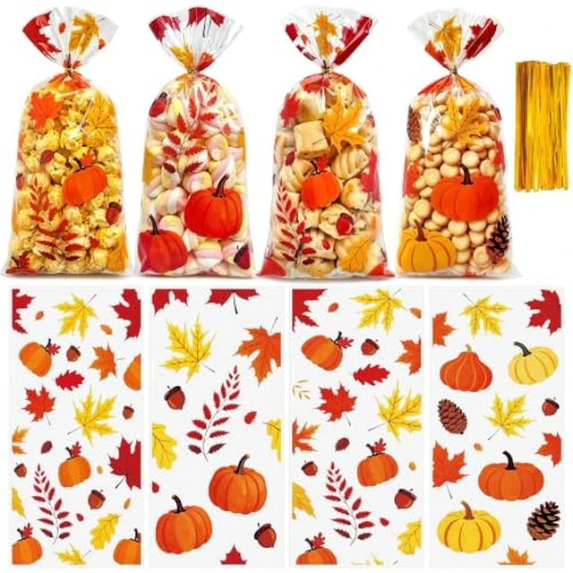Alt view image 5 of 12 - 50PCS Thanksgiving Treat Bags with 60 Twist Ties Fall Cellophane Gift Bags for Cookies, Candy, Snacks, and Party Favors Pumpkin, Turkey & Maple Leaf Thanksgiving Goodie Bags for Kids